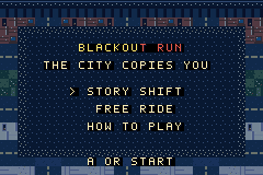 BLACKOUT RUN title screen with Story Shift, Free Ride, and How to Play options over a night city grid.