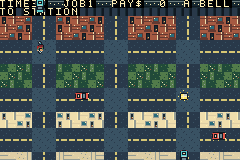 First-shift GBA gameplay showing the courier, package marker, cars, and an open street grid before routes become crowded.