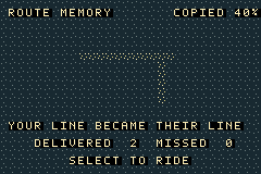 Route Memory screen showing a bright copied route turning across a compressed city grid, with delivery and missed-job totals.