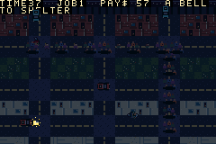Native GBA gameplay during the blackout shift, with a bicycle courier, delivery marker, cars, and a learned line of pedestrians crossing the city grid.